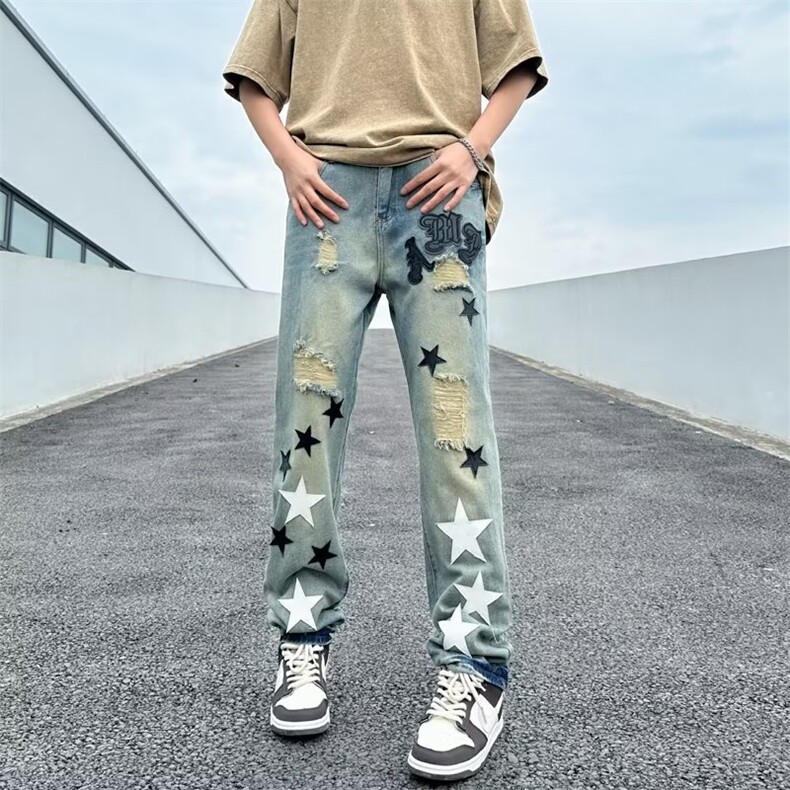 新款长裤青春流行宽松直筒牛仔裤休闲潮牌ins男潮潮流夏季时尚图片