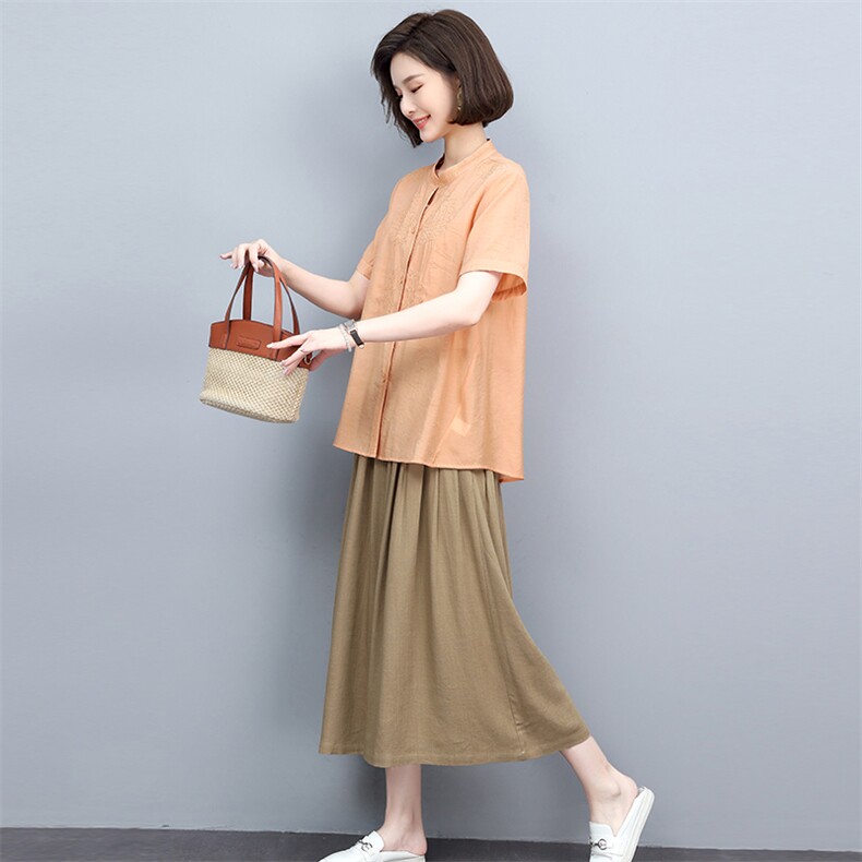 2022重工刺绣短袖衬衫女夏季新款妈妈衬衣棉麻风休闲上衣，女装衬衫，忆绮罗