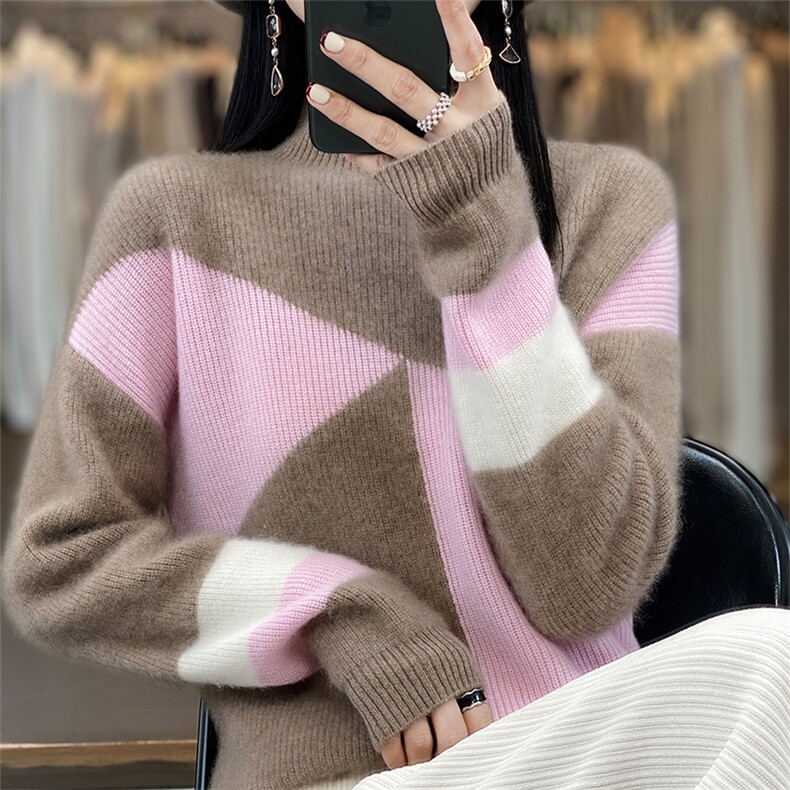 100%纯羊毛衫女半高领拼色加厚毛衣秋冬新款宽松慵懒风打底羊绒衫,女装羊毛衫,宇灿羊绒