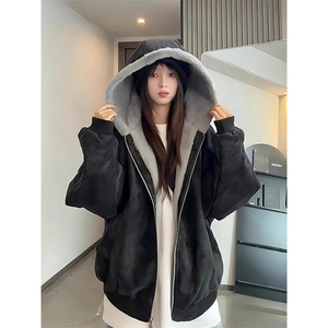 网络图J9012、P85原版高质量pu皮全兔绒棉服黑色杏色M-2XL图片