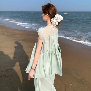 水衣源2729款纯色木耳边荷叶袖A字小衫阔腿裤冰爽套装女夏图片