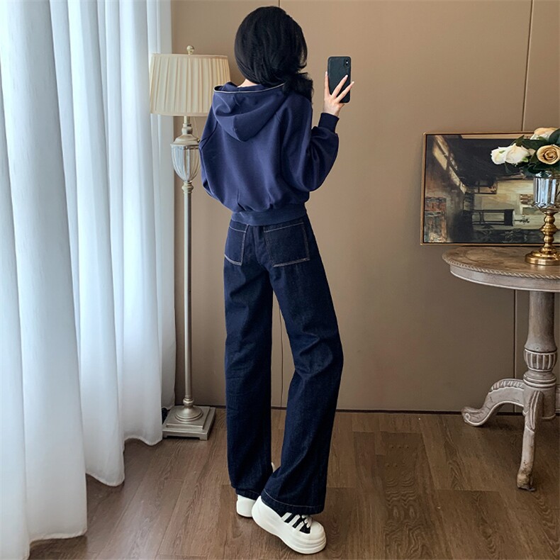 时尚女秋蓝色短款外套+高腰阔腿牛仔裤套装显瘦百搭气质穿搭,女装套装/套裙,江南