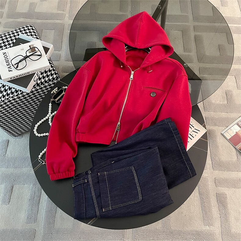 女春季新款拉链连帽卫衣阔腿牛仔裤显高显瘦套装，女装套装/套裙，江南