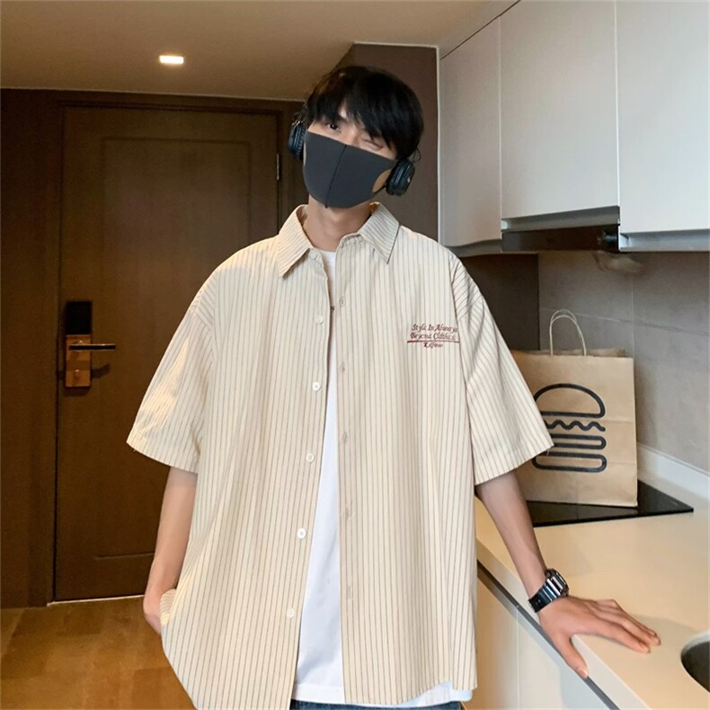 新款条纹半袖衬衫男士夏季新款港风短袖衬衣宽松潮牌外套A04-P30,男装衬衫,星座1008