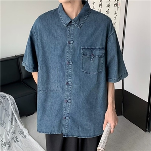 日系刺绣短袖衬衫夏季情侣款竖条纹宽松休闲衬衣男图片