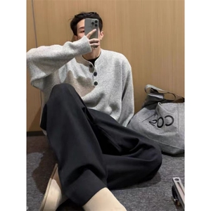 灰色美式复古亨利领毛衣男款冬季慵懒风高级感针织衫cleanfit外套图片