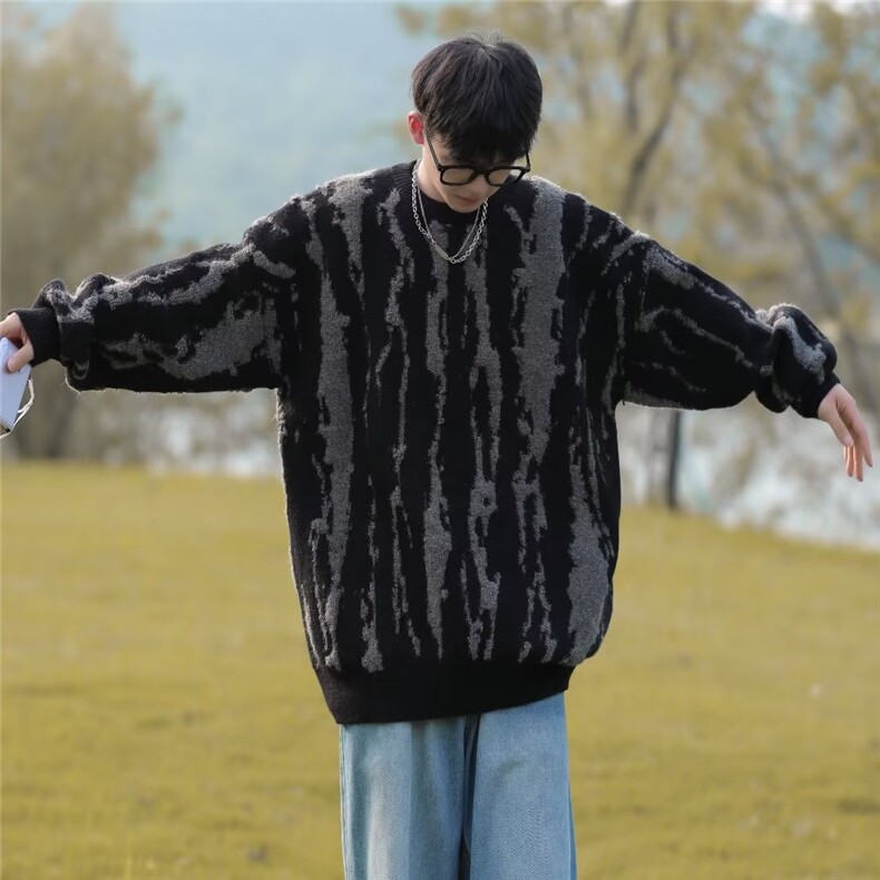 秋季潮流美式复古宽松时尚休闲炸街男士撞色条纹针织长袖毛衣,男装针织衫/毛衣,星座1013