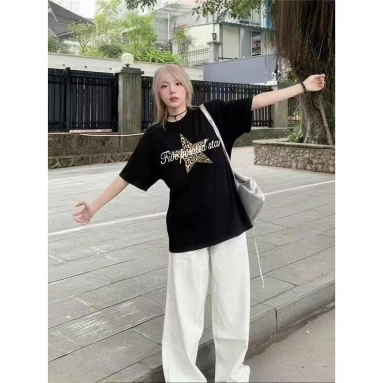 美式潮牌高街豹纹五角星短袖T恤男女宽松情侣半袖ins,男装T恤,星座1210-1