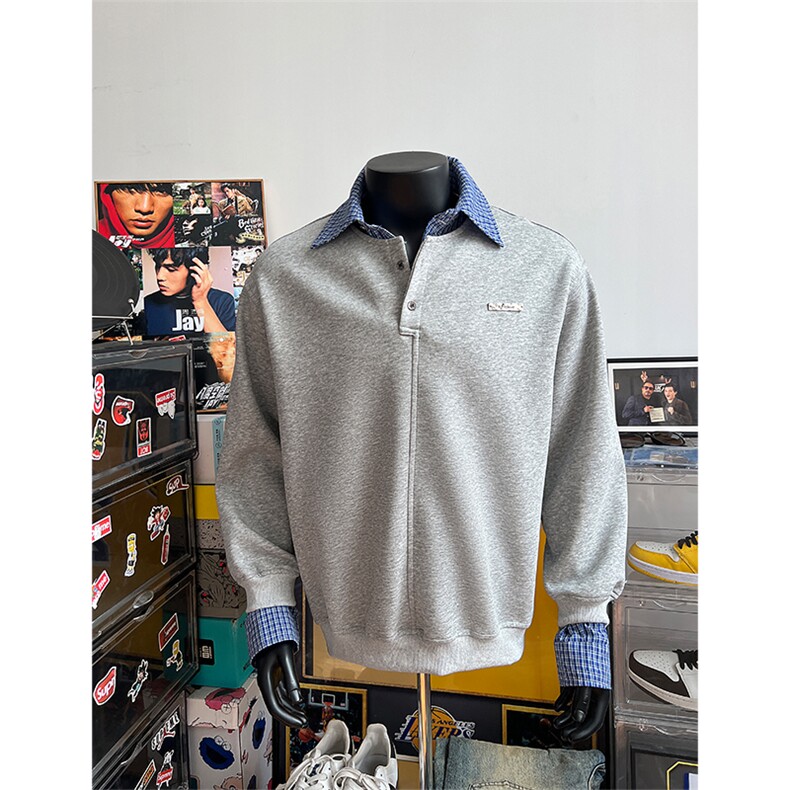 WY10-P5825春装假两件套头卫衣格子拼接上衣套头衫内搭，男装卫衣，电商B327