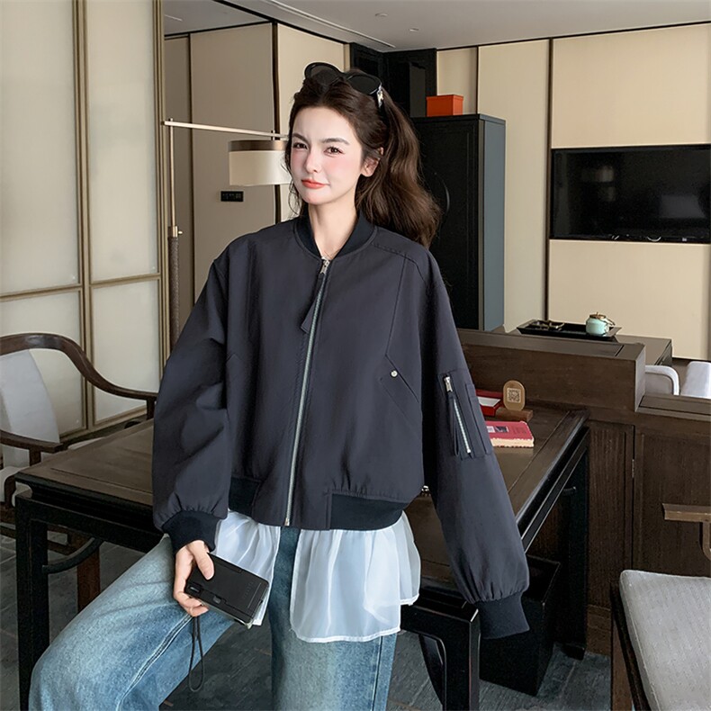 2026新款藏青色棒球服拼接网沙可脱卸夹克外套,女装短外套,纯色衣恋