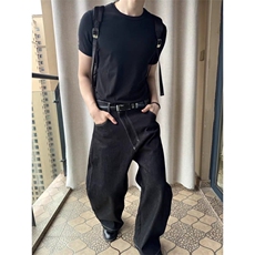 丹宁色牛仔裤男女款垂感宽松阔腿裤美式复古松弛感裤子微喇弯刀裤，男装牛仔裤，星座601-1