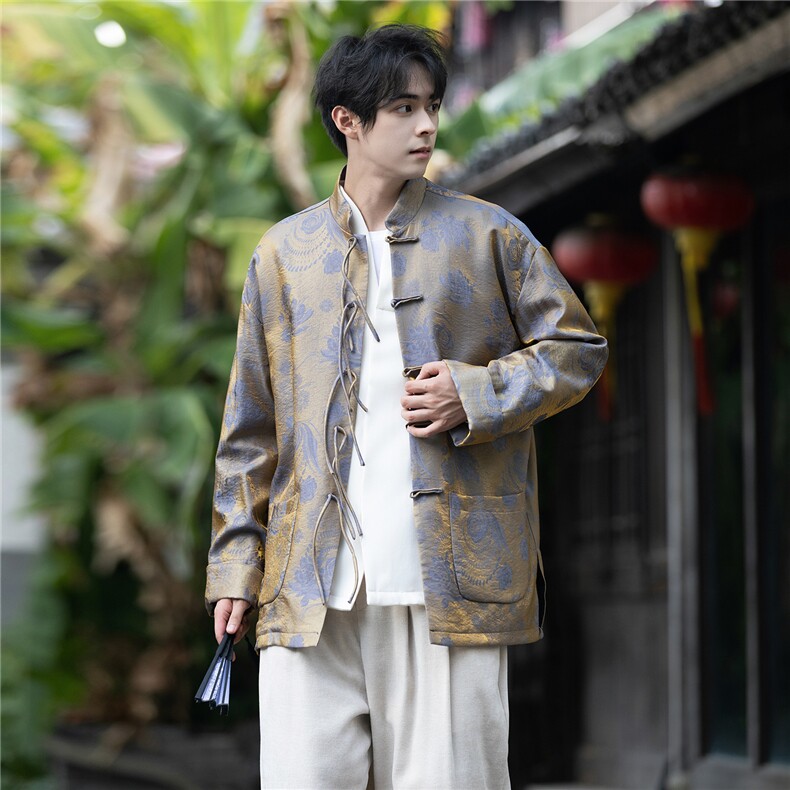 新中式复古浮光锦缎提花风立领宽松大码盘扣唐装外套JK208,男装民族服装,星座305A（原312A-1）