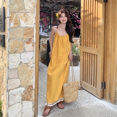 黄色流苏吊带连衣裙女2025夏季新款高级感超好看海边度假气质长裙，女装连衣裙，浙宝208