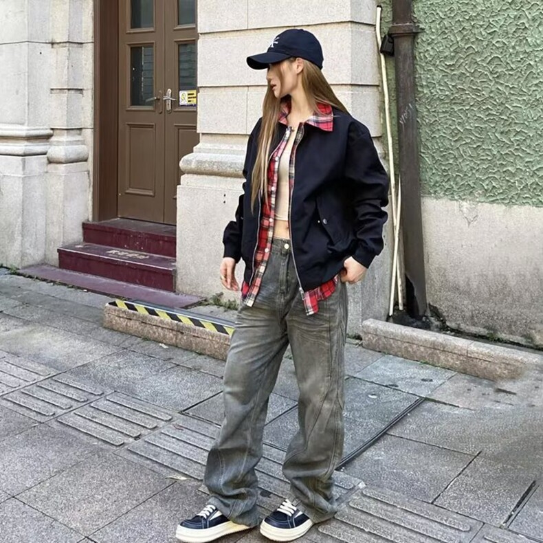 格子拼接假两件外套男潮牌设计感痞帅翻领夹克春季时尚情侣棒球服图片