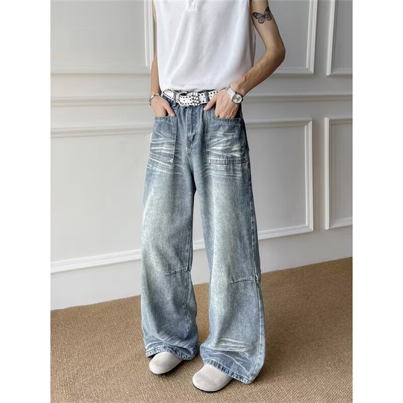 阔腿牛仔裤子宽松高街拖地裤潮牌百搭直筒裤子4113P55，男装牛仔裤，星座410-2