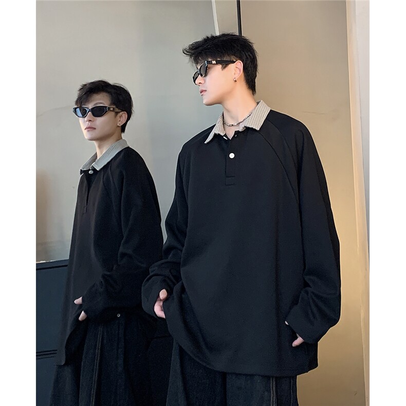 千鸟格拼接POLO衫男秋季翻领长袖T恤美式内搭打底衫W101-P48,男装Polo衫,电商C307