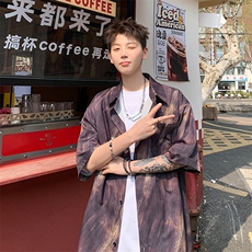 2025美式扎染印花冰丝凉感短袖碎花衬衫薄套装TZ5655/特P45黑色，男装T恤，电商A094
