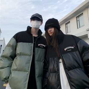 街景时尚字母印花宽松休闲情侣拼色PU皮棉服A247-MY406 P115控168图片