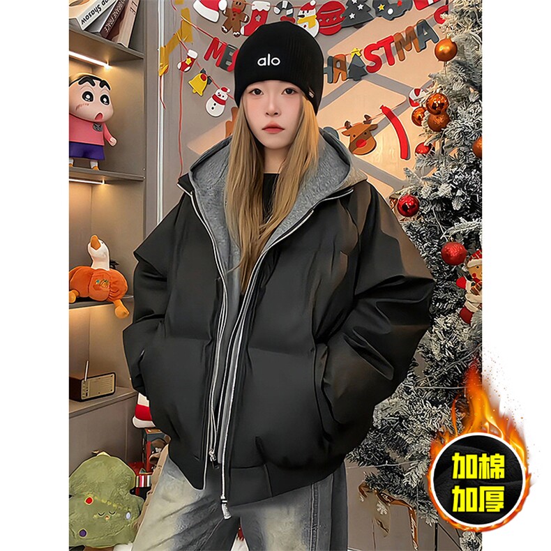 现货高品质重磅工艺美式高街假两件PU皮棉衣男女加厚棉服外套，男装棉衣，电商A443