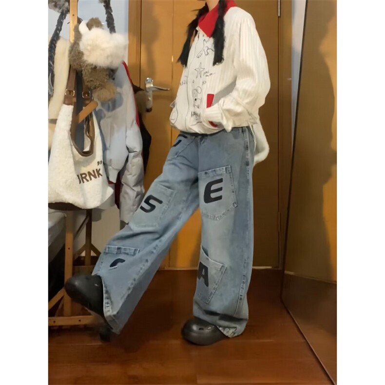 小众美式覆古字母刺绣多口袋工装牛仔裤男女宽松阔腿弯刀裤,男装牛仔裤,四季星座505