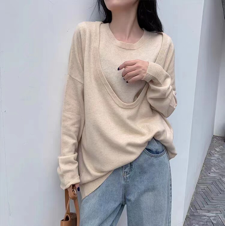 秋季新款舒适显瘦时尚百搭深U领两件套羊毛衫,女装羊毛衫,恒恩羊绒