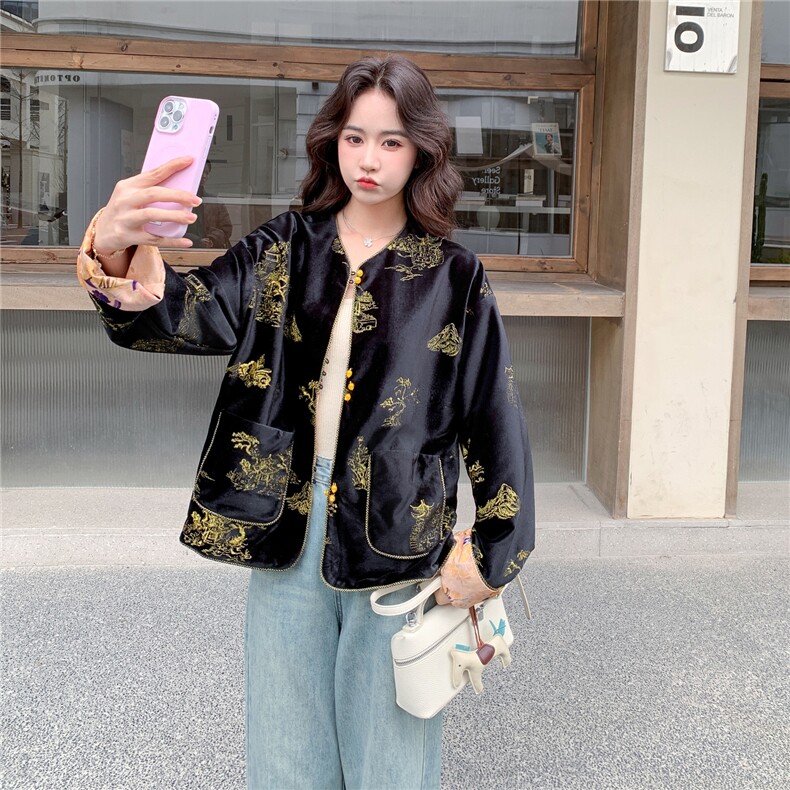 金丝绒刺绣落下反两穿风短外套H262P160K258,女装短外套,红龙果