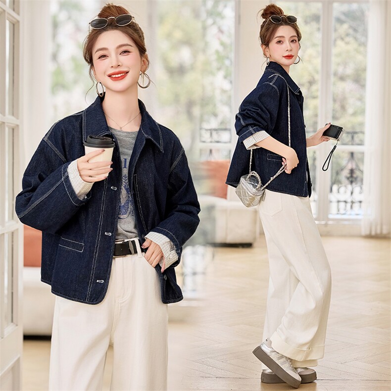 休闲拼接牛仔外套女2025春季爆款百搭撞色格子气质显瘦短款上衣潮，女装牛仔外套，深水步