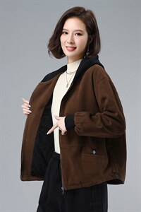 2021年冬季拼接连帽加绒外套宽松文艺开衫长袖图片