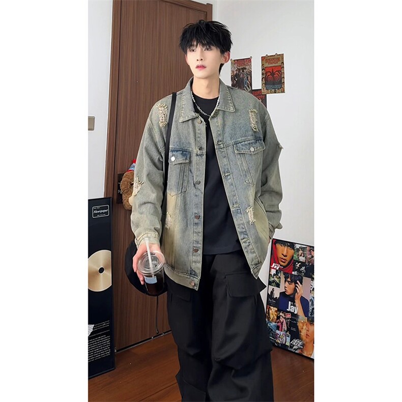 潮牌宽松高街慵懒风牛仔夹克韩版复古时尚破洞牛仔HY481TP60控98,男装夹克,电商A102B