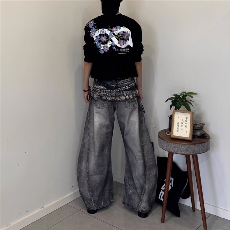 重工3D印花牛仔裤男女宽松直筒拖地嘻哈潮牌拖地长裤LB51111-p55,男装牛仔裤,星座1008