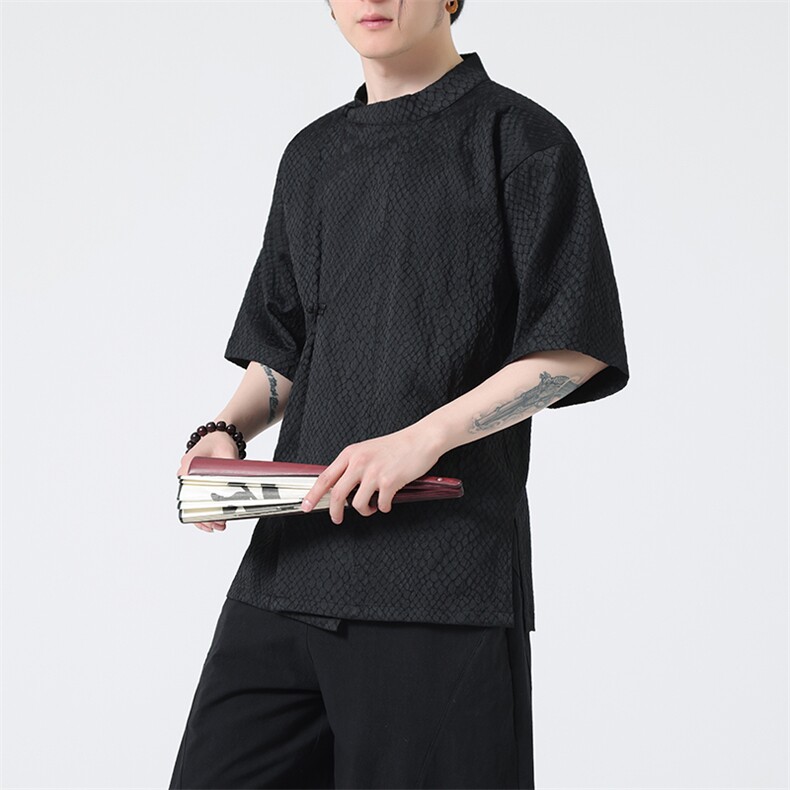 《八旗都统》新中式蟒纹提花改良汉服风盘扣短袖茶禅服31221图片