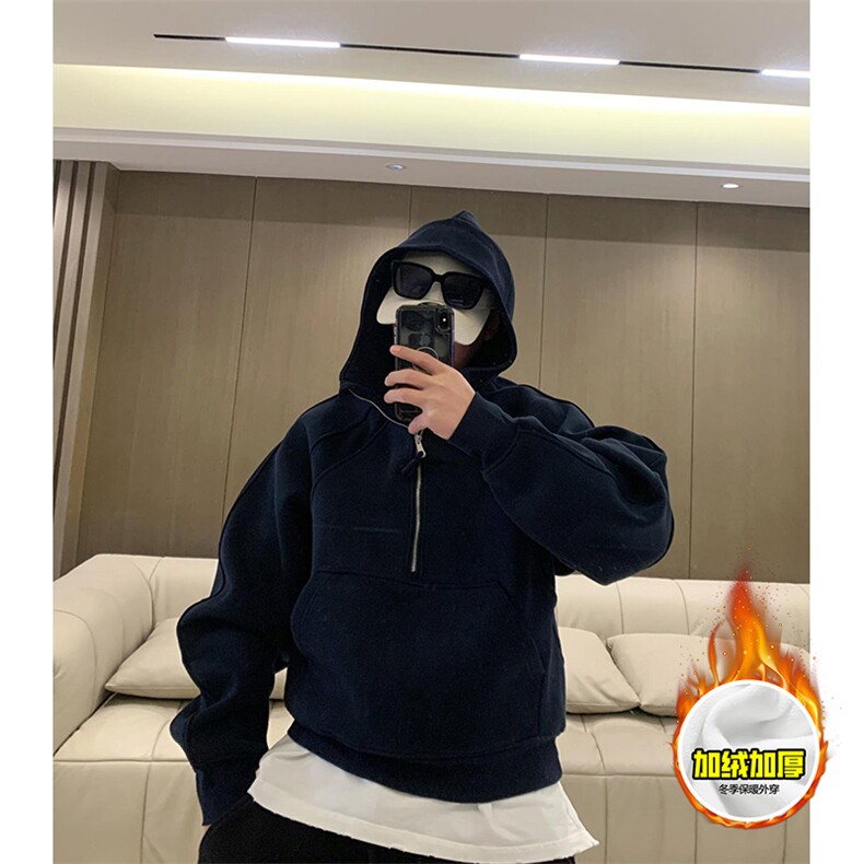 480G重磅加绒硬挺boxy男女秋冬美式高街结构半拉链卫衣开衫厚外套图片