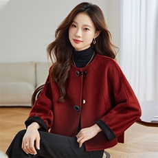 双面羊绒大衣女短款2025年新款宽松韩版蝙蝠袖慵懒风拼色全毛外套，女装毛呢外套，蓝朵琳