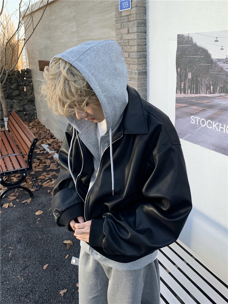 PY10-P105春秋美式假两件皮衣外套男女宽松连帽皮夹克,男装夹克,电商B327