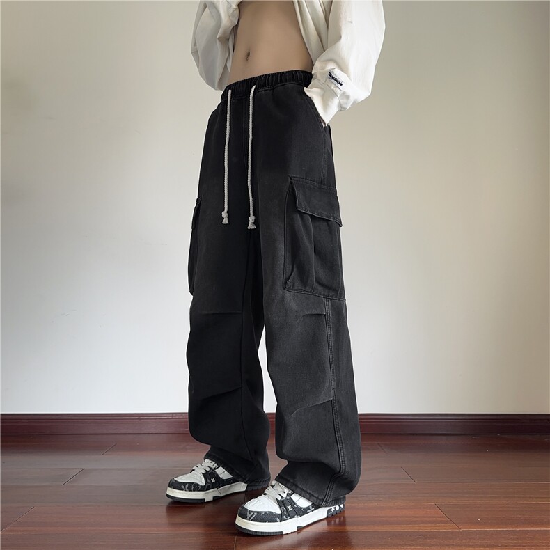 加绒工装牛仔裤男秋冬季美式高街复古潮牌痞帅宽松阔腿休闲长裤子，男装休闲裤，钱塘322（原A036）