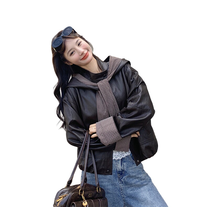 咖绿色美拉德穿搭格子连帽皮衣外套女2025秋季新款小个子pu皮夹克,女装皮衣,2C092