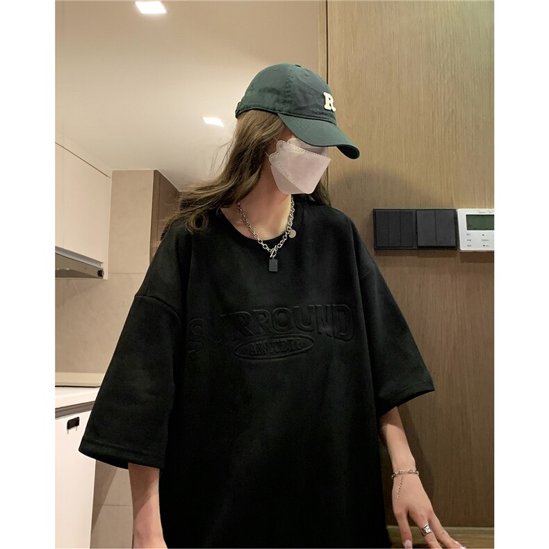 克凹凸字母印花麂皮绒短袖T恤男女中性风夏季半袖宽松半袖,男装T恤,电商C306-1