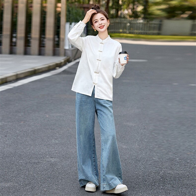 春季新款新中式气质立领钉珠单排扣长袖衬衫女,女装衬衫,秀美人生