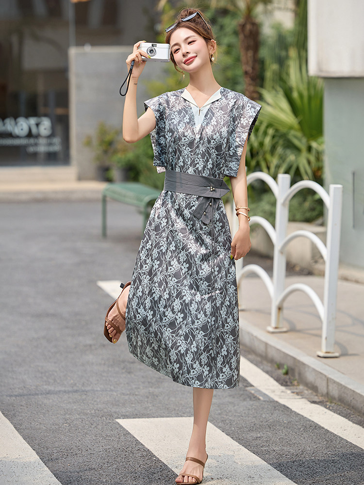 2025年夏季中长款优雅气质收腰拼接女时尚连衣裙,女装连衣裙,橙子家