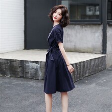 2022夏季新款简约时尚优雅气质翻领休闲时尚中长款连衣裙，女装连衣裙，岚衣(原川流布茜）