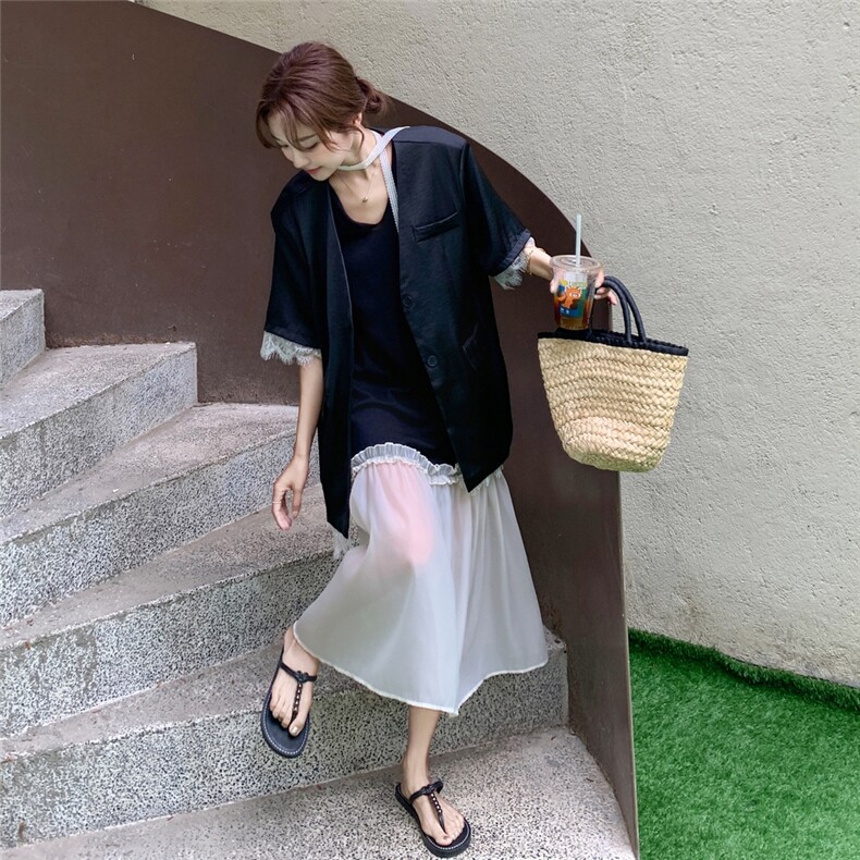 黑色贵气感穿搭套装女2025夏季新款蕾丝拼接无领西装背心裙两件套图片