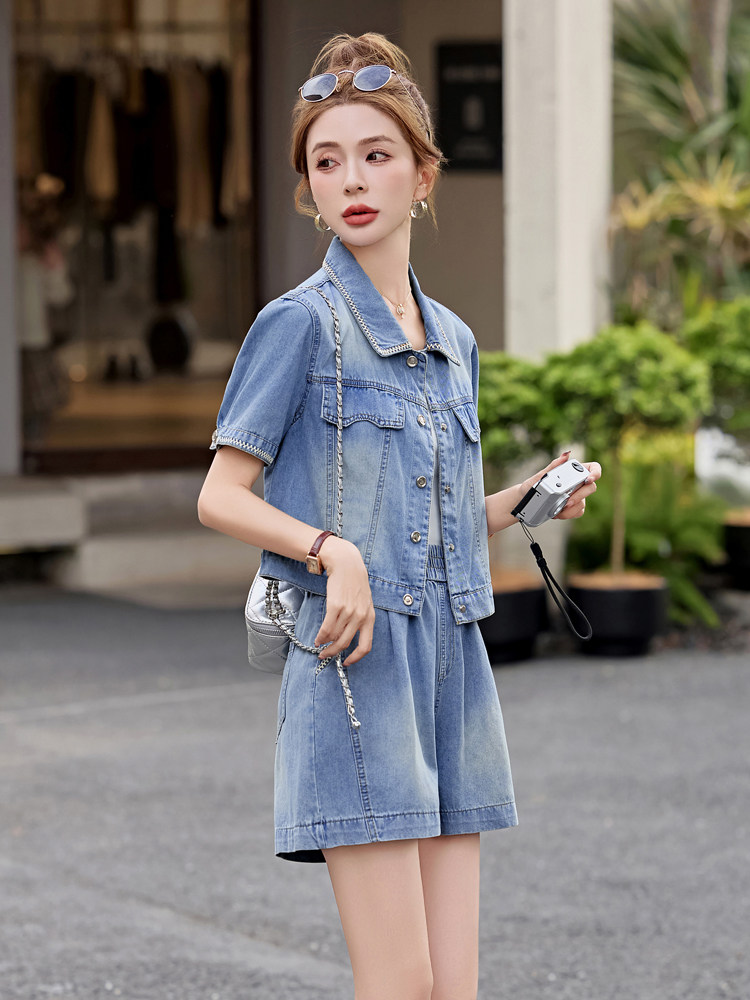 牛仔短裤套装女2025夏新款小个子韩系高级松弛感超火减龄休闲穿搭,女装套装/套裙,意芙