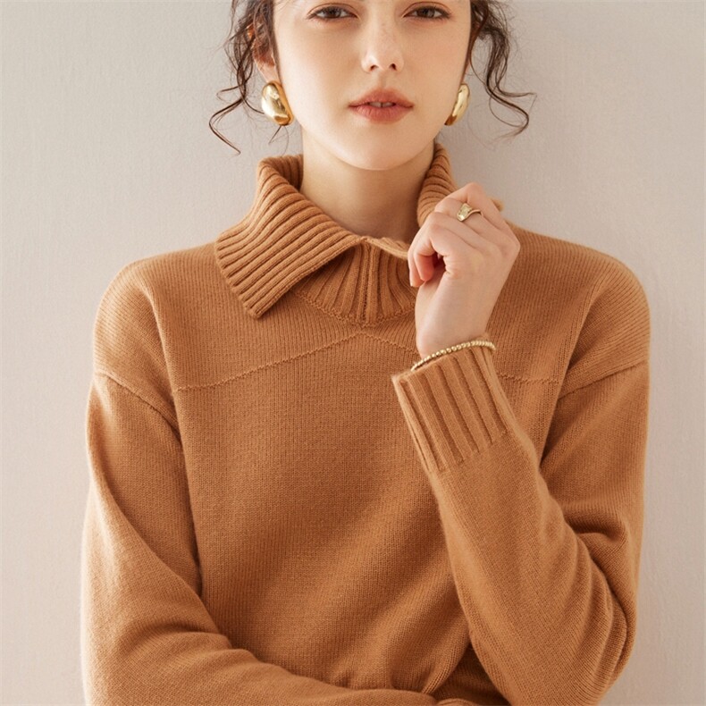 2024秋装新款翻领套头休闲舒适打底衫35%羊绒衫,女装羊绒衫,旭友羊绒