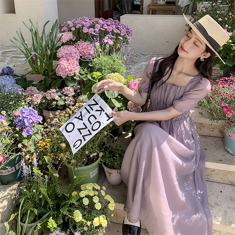 紫色方领收腰显瘦连衣裙女2023夏季新款法式轻熟风高级感气质长裙图片