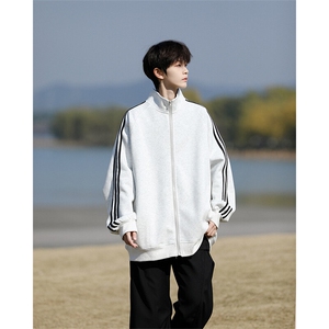 8XL-M三条杠运动卫衣特大码美式条纹立领夹克开衫外套JK5205/P65图片