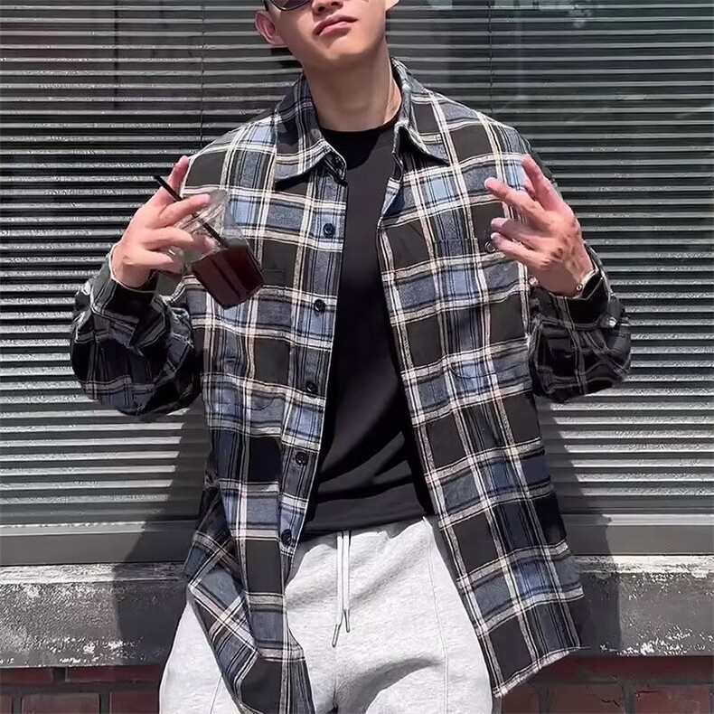 GS6132P34日系港风复古翻领长袖格子衬衫外套男宽松时尚百搭休闲，男装衬衫，星座1108-5