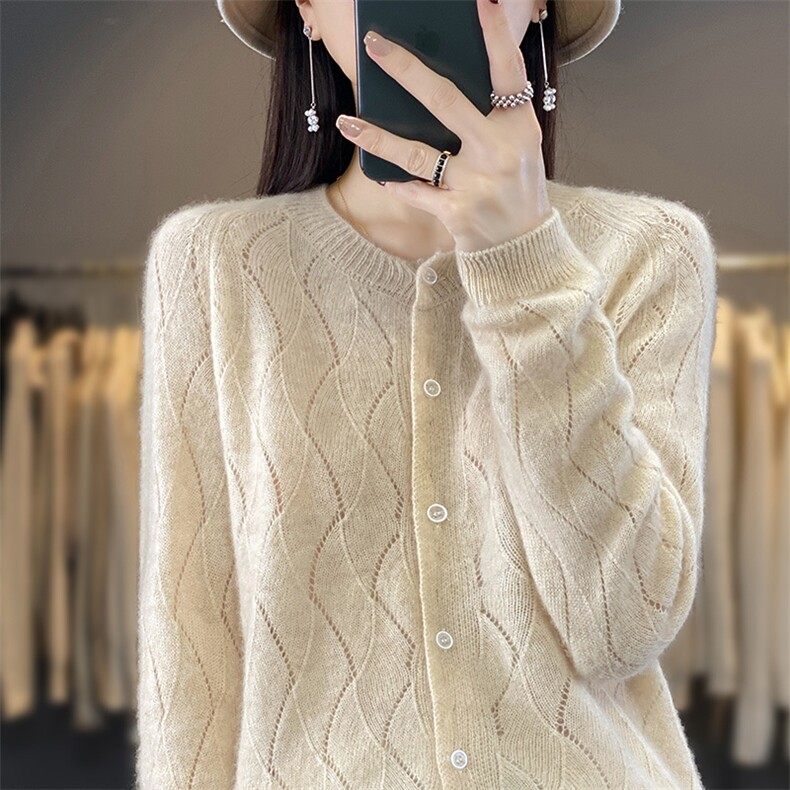 轻奢春秋100开衫女圆领针织镂空外套宽松外搭上衣羊毛软糯,女装羊毛衫,吉高羊绒