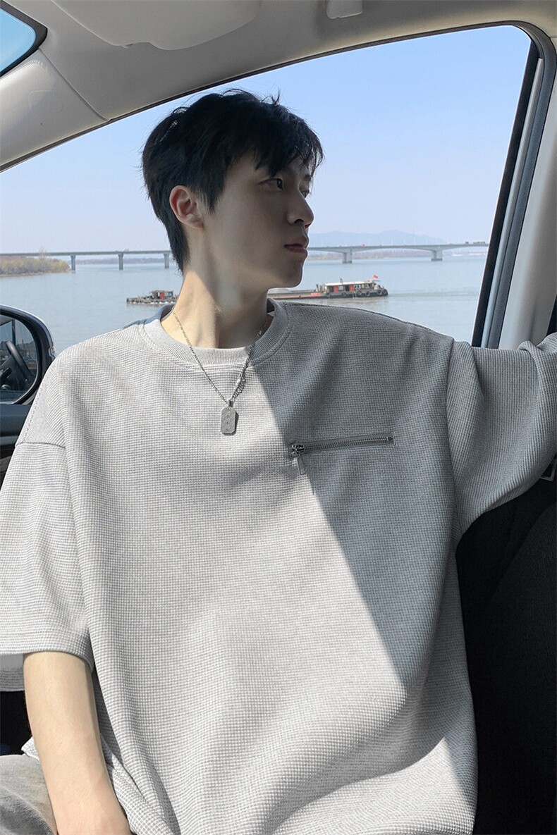 特批P20无差价夏季美式华夫格拉链装饰男大码半袖T恤上衣T5076,男装T恤,电商A001-1
