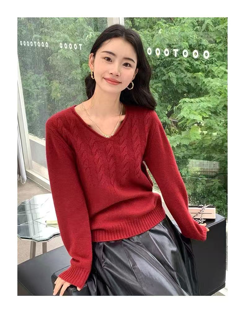 2025年秋季女士半身麻花V领,针织衫/毛衣,百纯羊绒