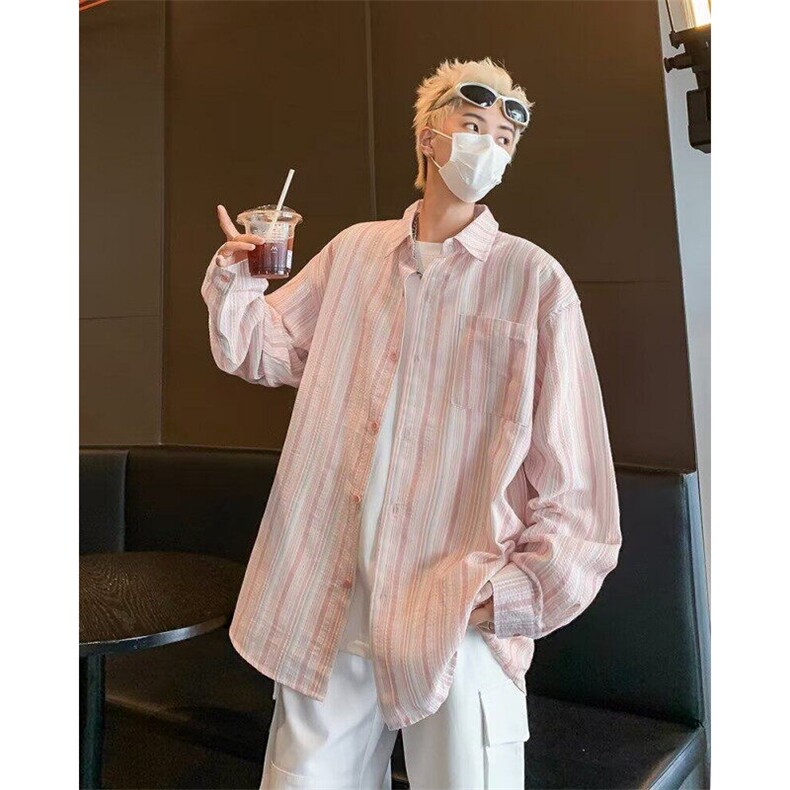 竖条纹长袖衬衫男春秋季美式复古休闲百搭翻领衬衣外套C152-P40,男装衬衫,星座1109-3